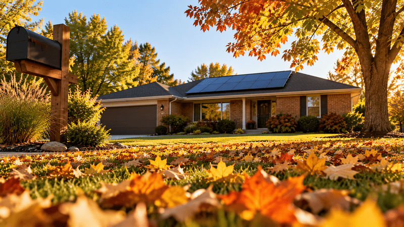 A one-story ranch home with rooftop solar panels in early fall, seen low across a lawn scattered with yellow leaves