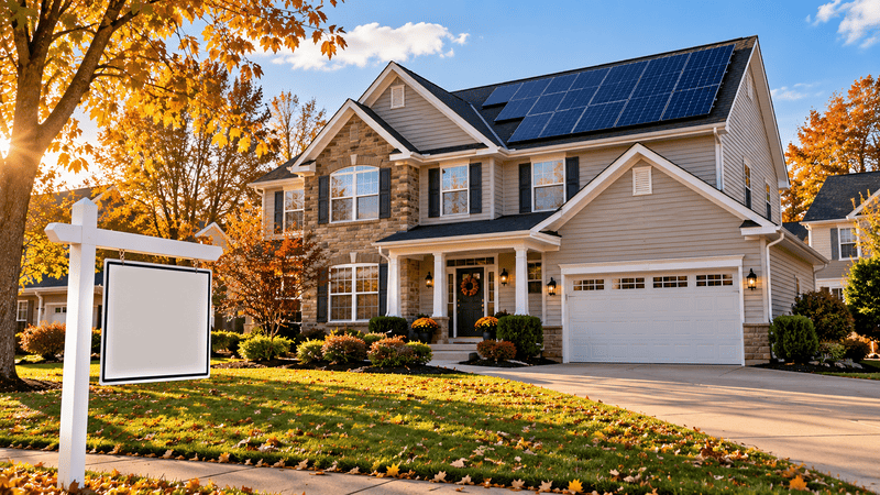 A suburban Midwest home with rooftop solar panels and a "For Sale" sign in the front yard