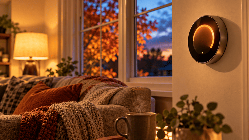 A smart thermostat on a living room wall at dusk, with a window showing autumn leaves outside