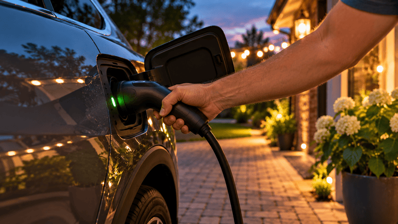 A hand plugging a charging cable into an electric car at dusk, with a home’s porch lights glowing in the background