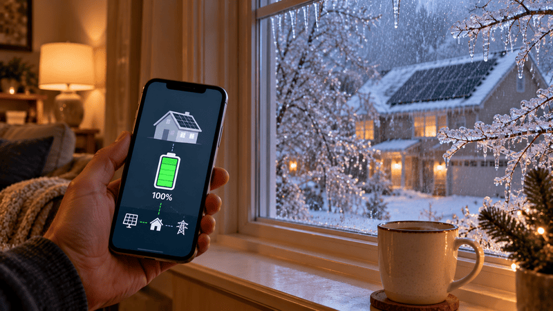 A homeowner checks a fully charged home battery on a phone while an ice storm coats the trees outside