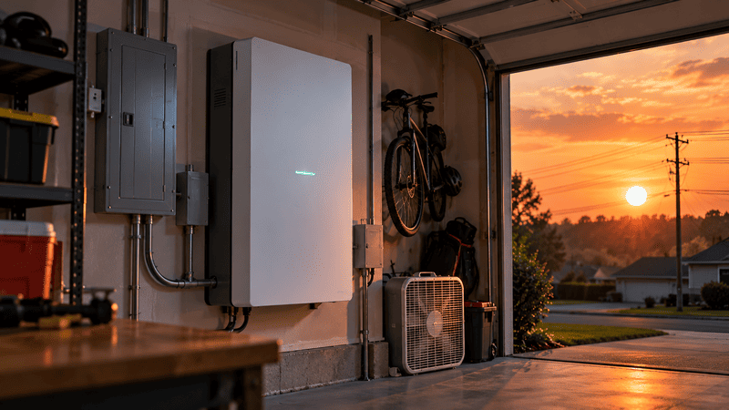 A home battery mounted on a garage wall glowing at dusk while summer heat haze hangs over the neighborhood outside
