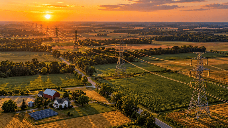 High-voltage transmission lines crossing Ohio farmland at sunset, with a farmhouse and ground-mounted solar array in the distance