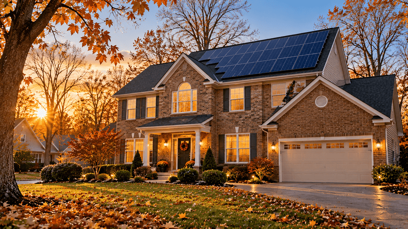 Well-maintained rooftop solar panels on a Midwest home glowing in late-autumn sunlight
