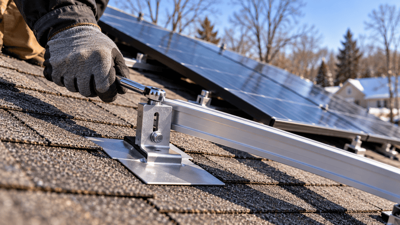 Close-up of a flashed solar mounting bracket on an asphalt shingle roof during installation