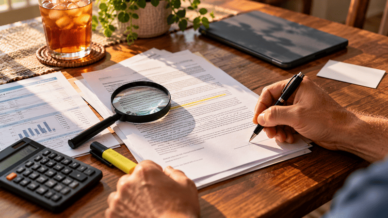 A homeowner’s hand holding a pen over an unsigned solar contract on a kitchen table, with a calculator and utility bill nearby