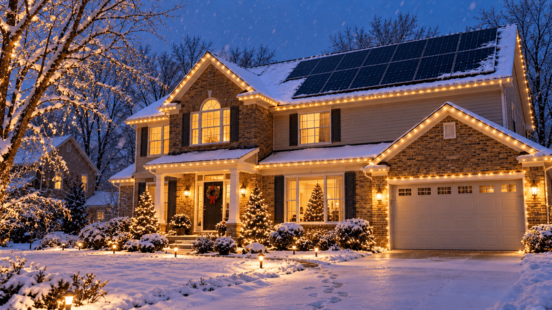 A Midwest home with rooftop solar panels and warm white holiday lights glowing at dusk on a snowy Christmas Eve