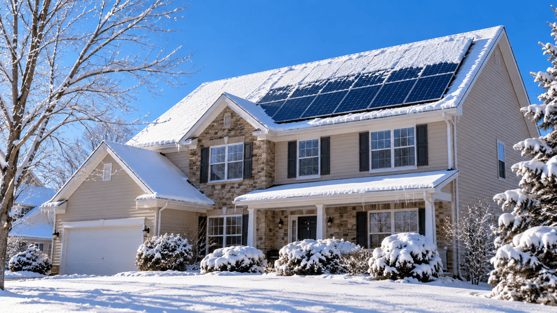 Rooftop solar panels on an Ohio home shedding a layer of snow on a sunny winter morning