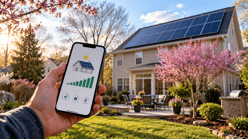 Homeowner checking solar production on a phone in a backyard with rooftop solar panels and early spring blossoms