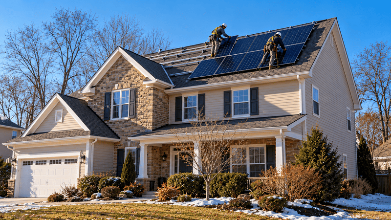 Solar installers mounting panels on a Midwest home’s roof on a clear December day