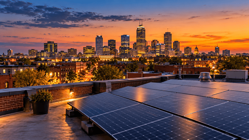 Rooftop solar panels on a flat urban roof with the Indianapolis skyline glowing at dusk in the background