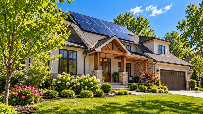 An Ohio home with rooftop solar panels on a bright early-summer day