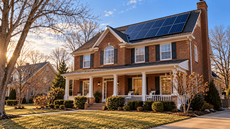 A Kentucky brick home with rooftop solar panels on a clear late-winter afternoon