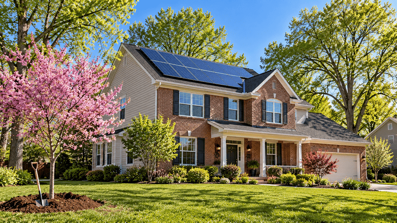 A Midwest home with rooftop solar panels framed by mature trees, with a newly planted young tree in the yard
