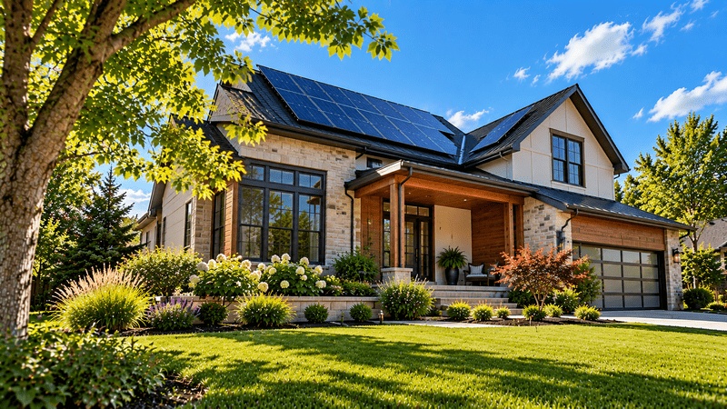 An Indianapolis-area home with rooftop solar panels on a bright summer day
