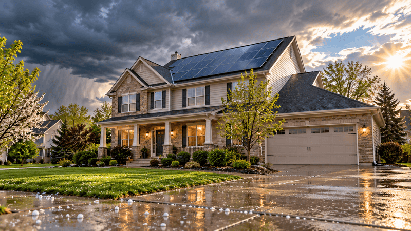 Rooftop solar panels on a Midwest home under dramatic spring storm clouds with sunlight breaking through