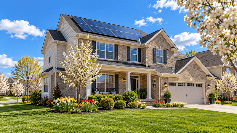 An Indianapolis-area home with rooftop solar panels on a sunny spring day