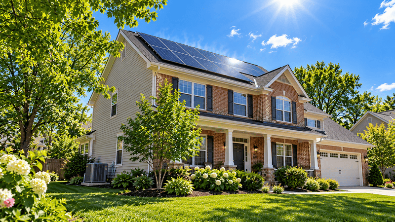 Rooftop solar panels on a Midwest home under bright summer sun with green trees and a clear blue sky