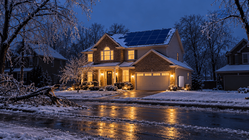 A suburban Ohio home with rooftop solar panels and lights on inside during a winter power outage while neighboring houses are dark