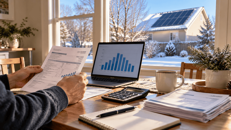 Homeowner reviewing a year of electric bills at a kitchen table to estimate solar panel needs